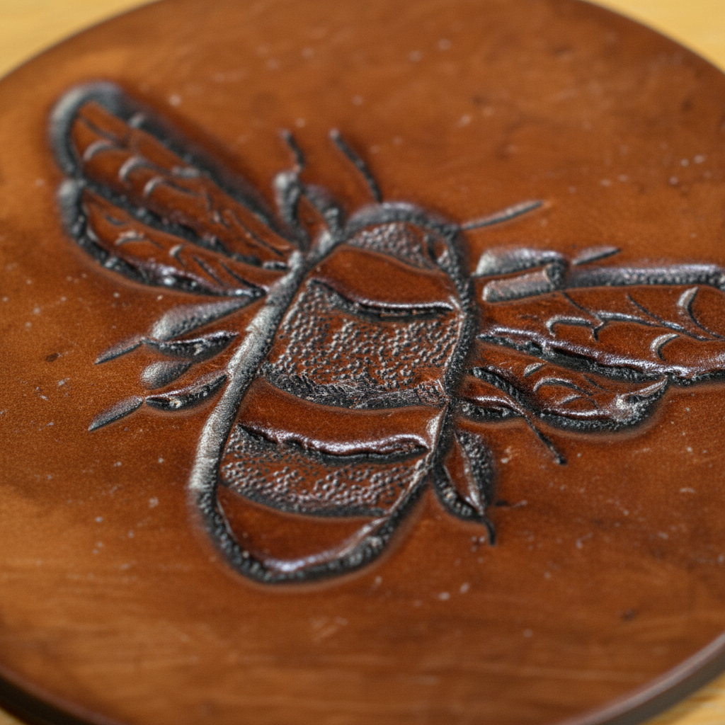 Close-up of hand tooled leather coaster showing intricate tooling detail
