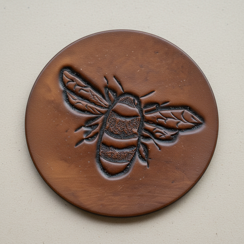 Aerial close-up of hand tooled leather coaster showing intricate tooling pattern